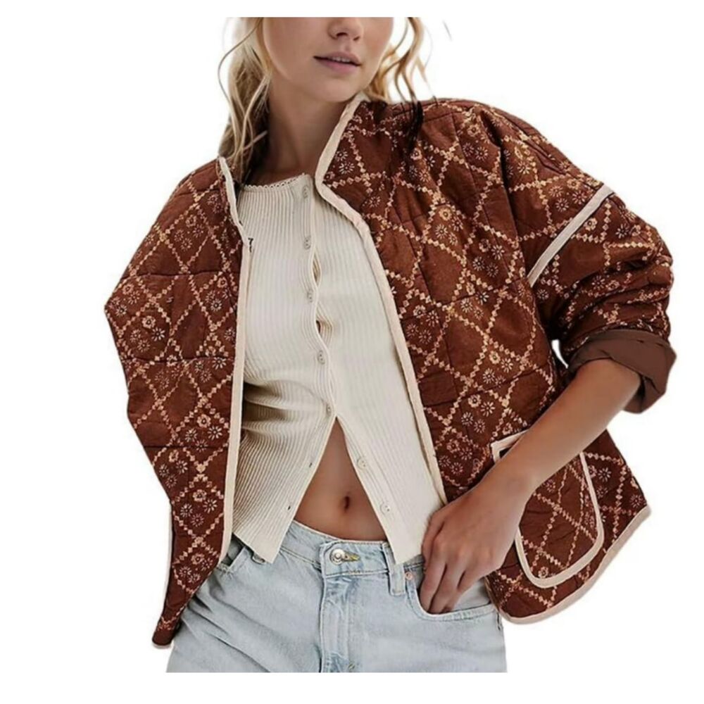 NWT Omoone Boho Brown Floral Quilted Padded Lightweight Puffer Coat Jacket Sz XS
